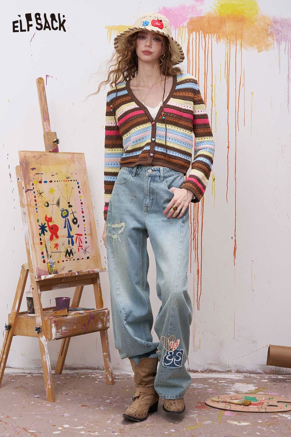 ELFSACK Vintage Denim Jeans with Bow Embroidery