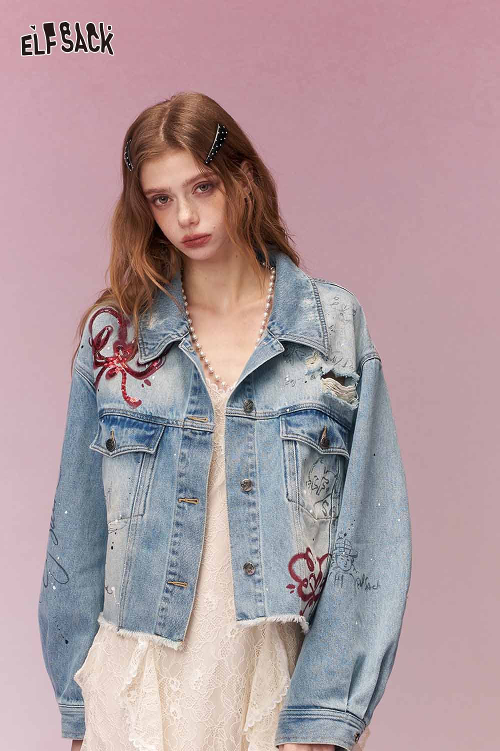 ELFSACK Vintage Distressed Ripped Sequin Embroidered Denim Jacket