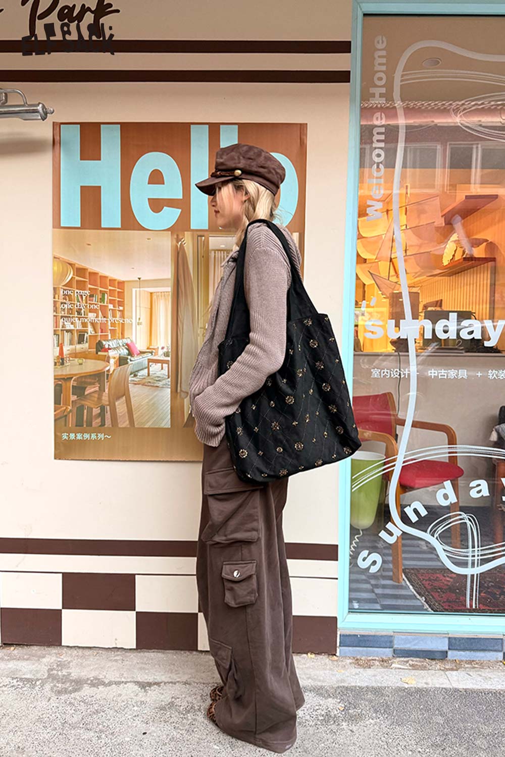 ELFSACK Vintage Elegant Suede Plaid Beading Wide Strap Large Capacity Shoulder Bag