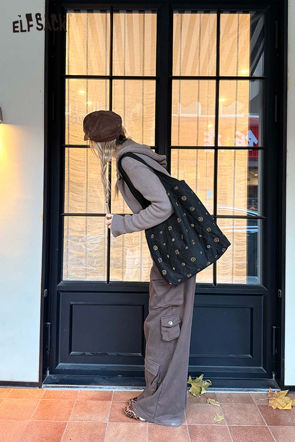 ELFSACK Vintage Elegant Suede Plaid Beading Wide Strap Large Capacity Shoulder Bag