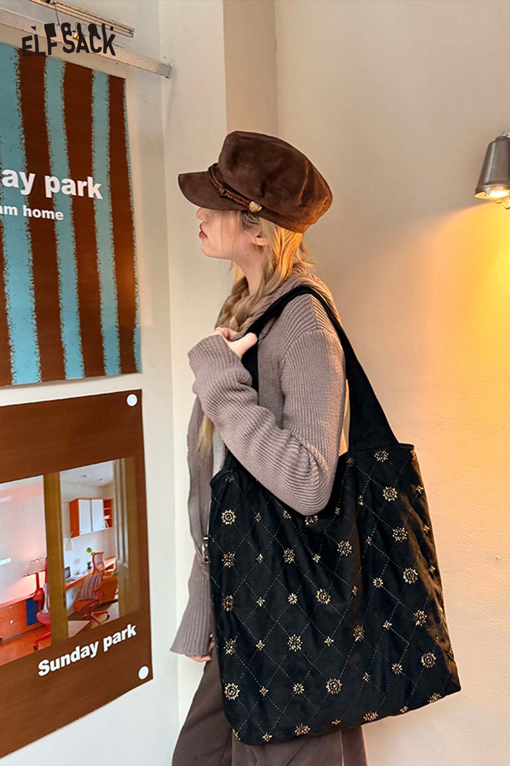 ELFSACK Vintage Elegant Suede Plaid Beading Wide Strap Large Capacity Shoulder Bag