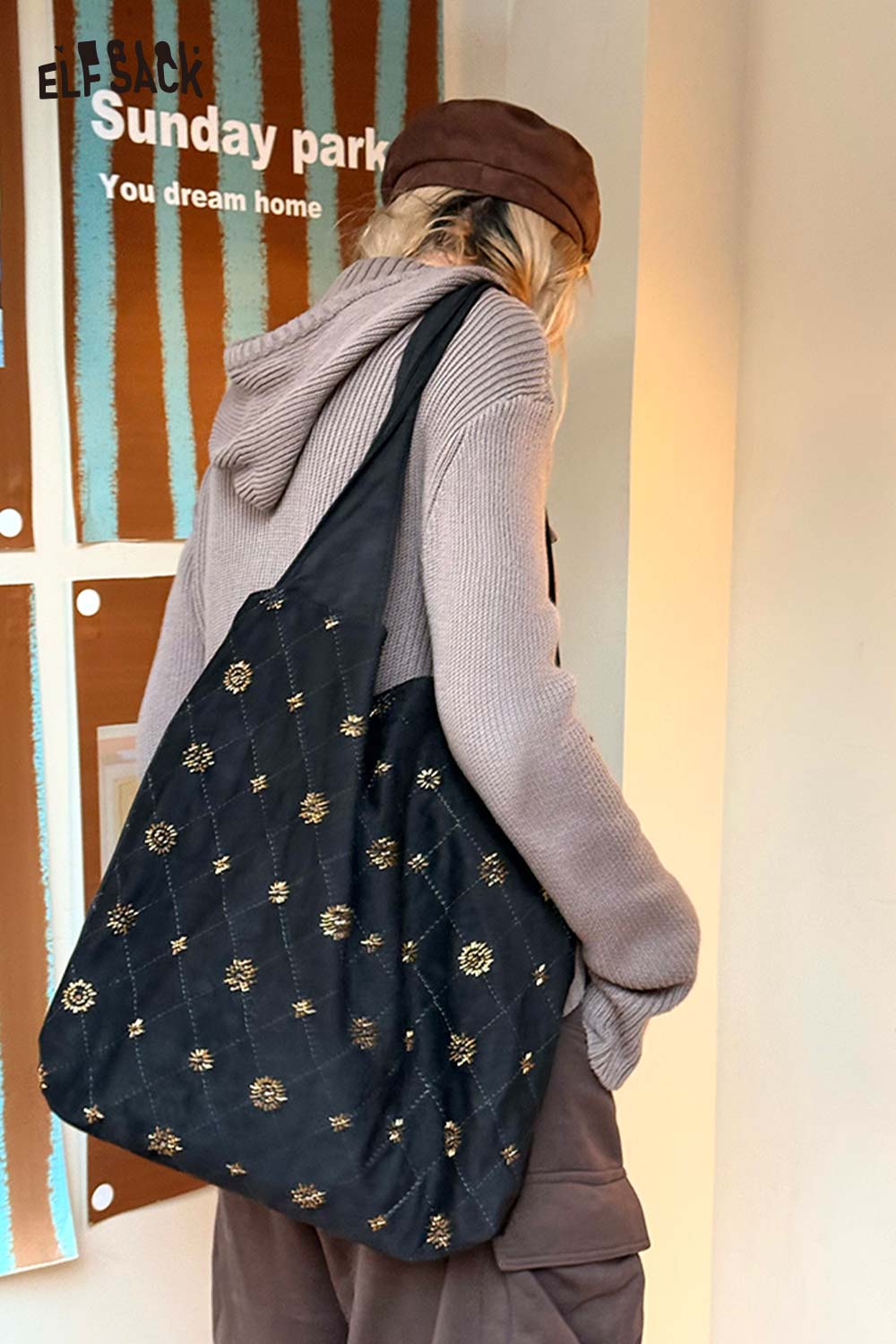 ELFSACK Vintage Elegant Suede Plaid Beading Wide Strap Large Capacity Shoulder Bag