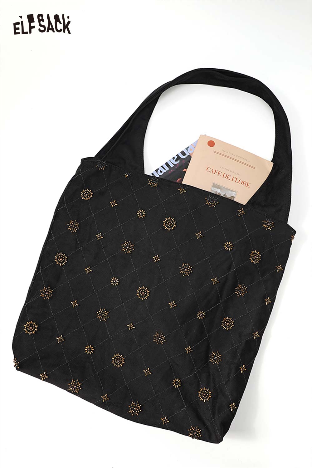 ELFSACK Vintage Elegant Suede Plaid Beading Wide Strap Large Capacity Shoulder Bag