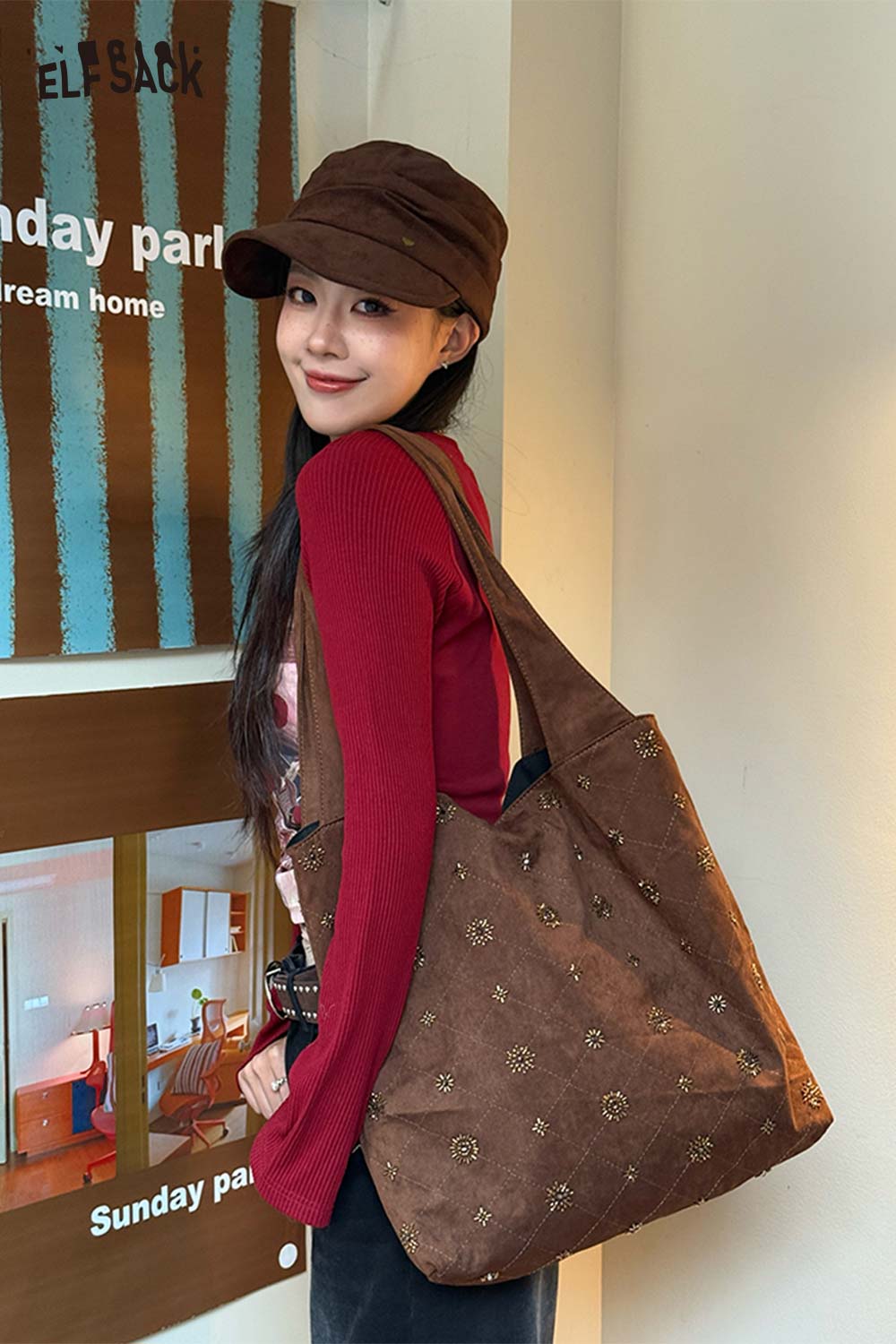 ELFSACK Vintage Elegant Suede Plaid Beading Wide Strap Large Capacity Shoulder Bag