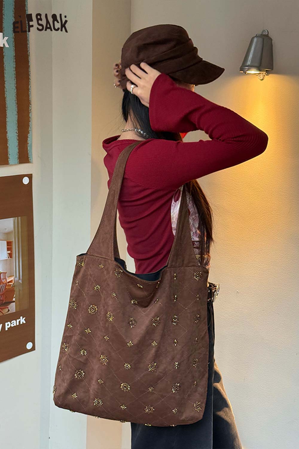 ELFSACK Vintage Elegant Suede Plaid Beading Wide Strap Large Capacity Shoulder Bag