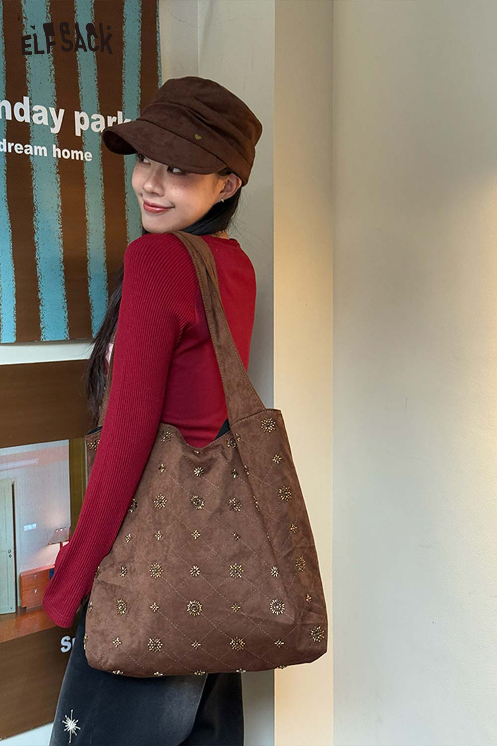 ELFSACK Vintage Elegant Suede Plaid Beading Wide Strap Large Capacity Shoulder Bag