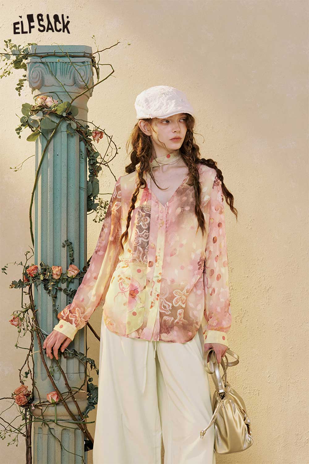 ELFSACK Vintage Floral Print Blouse