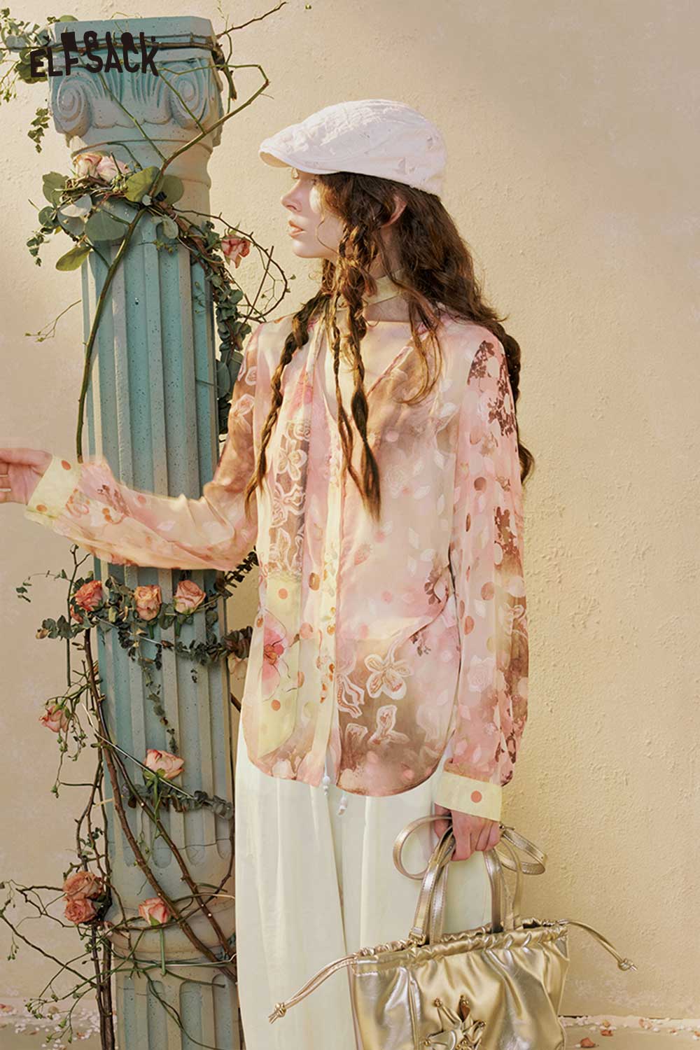 ELFSACK Vintage Floral Print Blouse