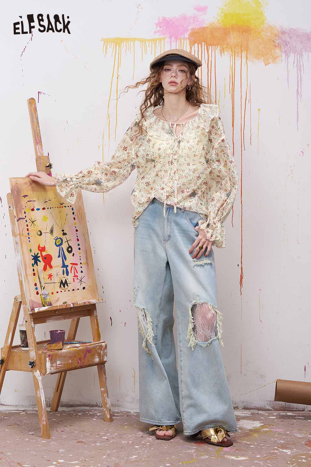 ELFSACK Vintage Floral Star Chiffon Blouse