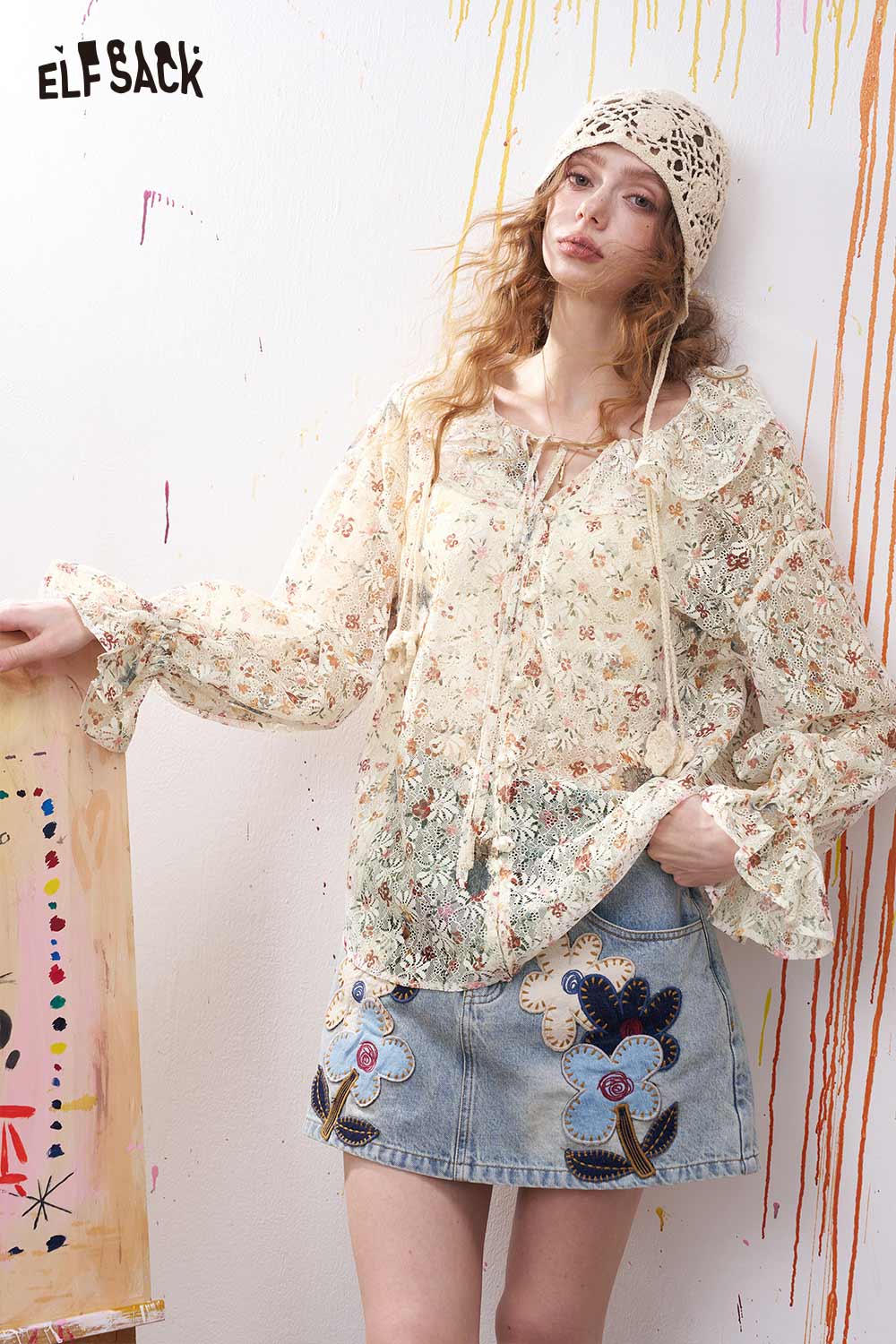 ELFSACK Vintage Floral Star Chiffon Blouse