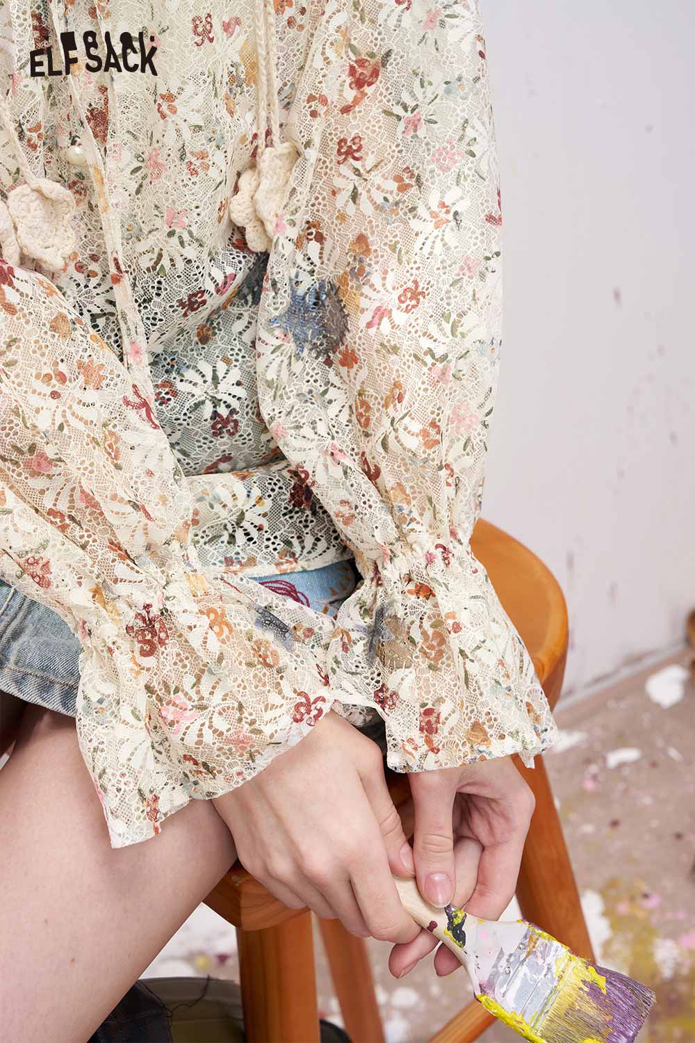 ELFSACK Vintage Floral Star Chiffon Blouse