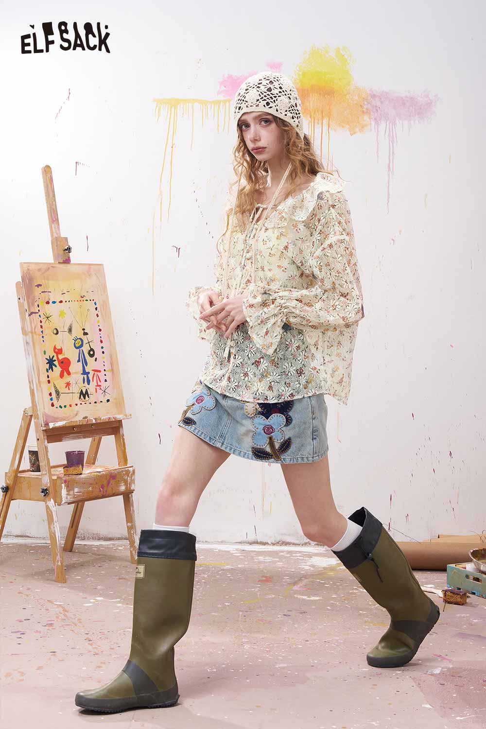 ELFSACK Vintage Floral Star Chiffon Blouse
