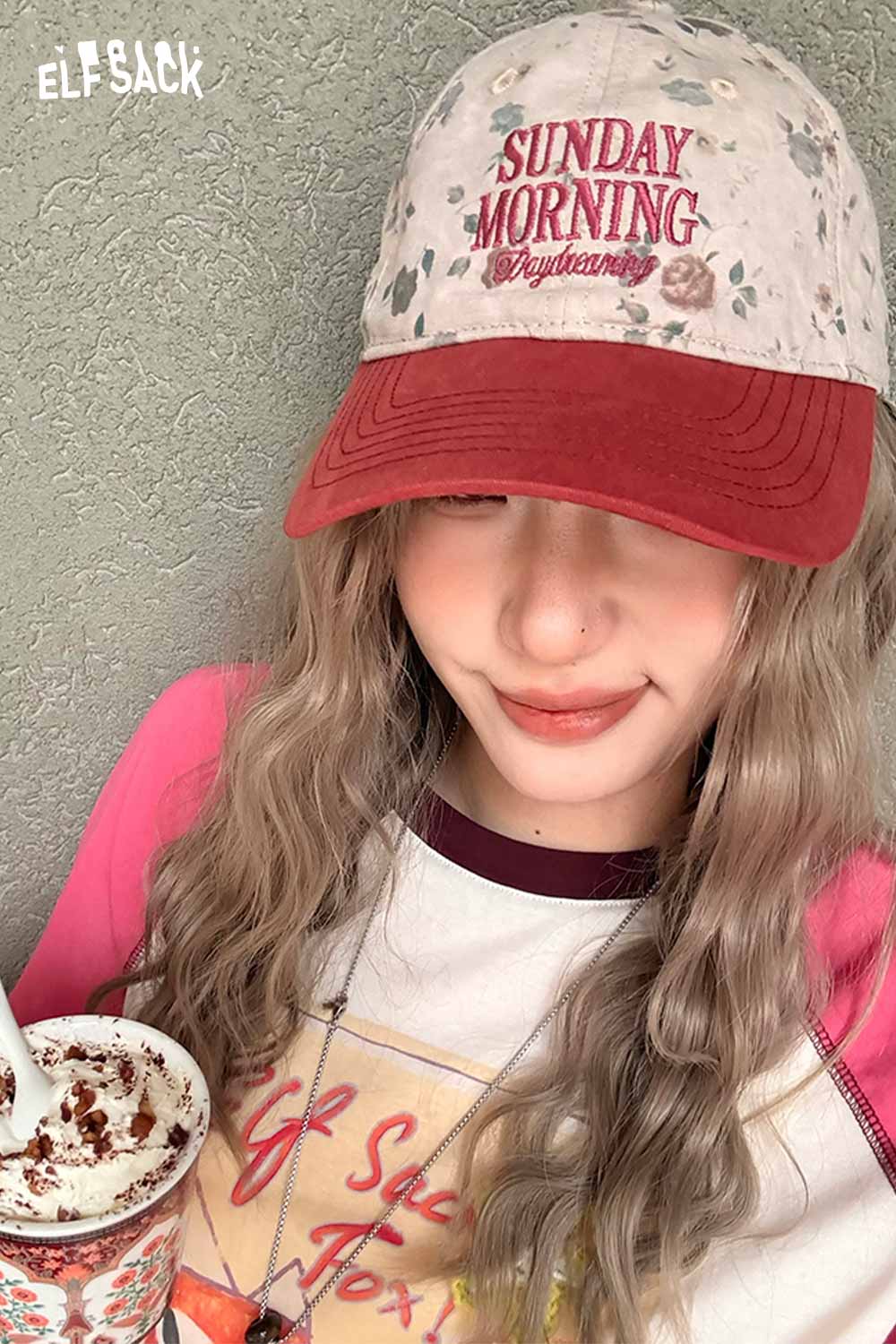 ELFSACK Vintage Floral Sunday Morning Embroidered Washed Cotton Cap