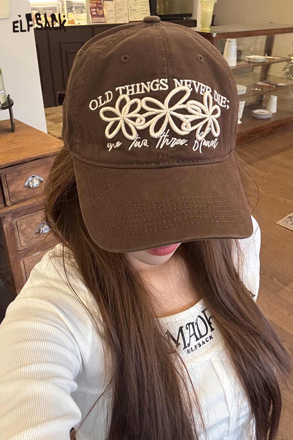 ELFSACK Vintage Washed Cotton Baseball Cap with Cute Flower Embroidery