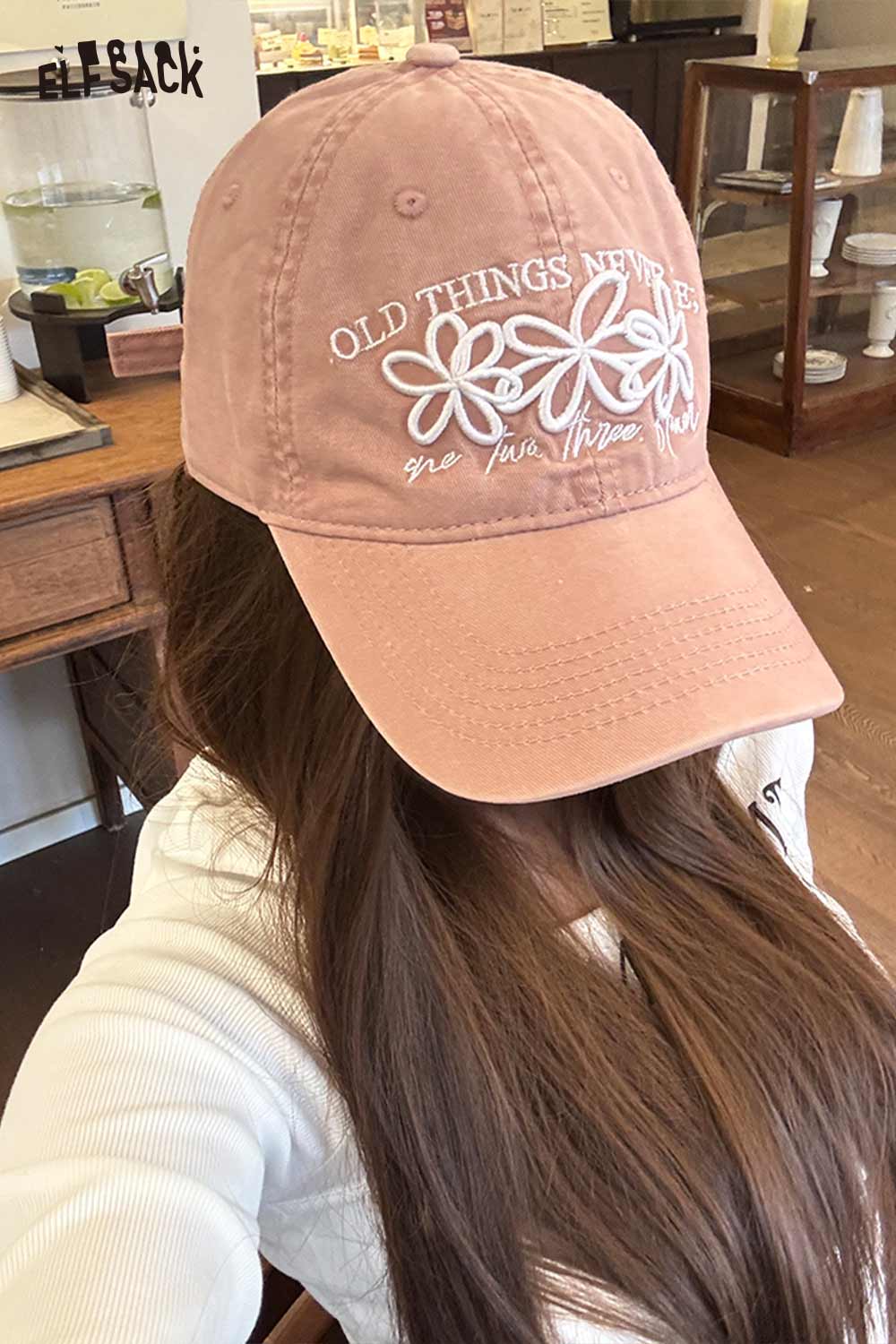 ELFSACK Vintage Washed Cotton Baseball Cap with Cute Flower Embroidery