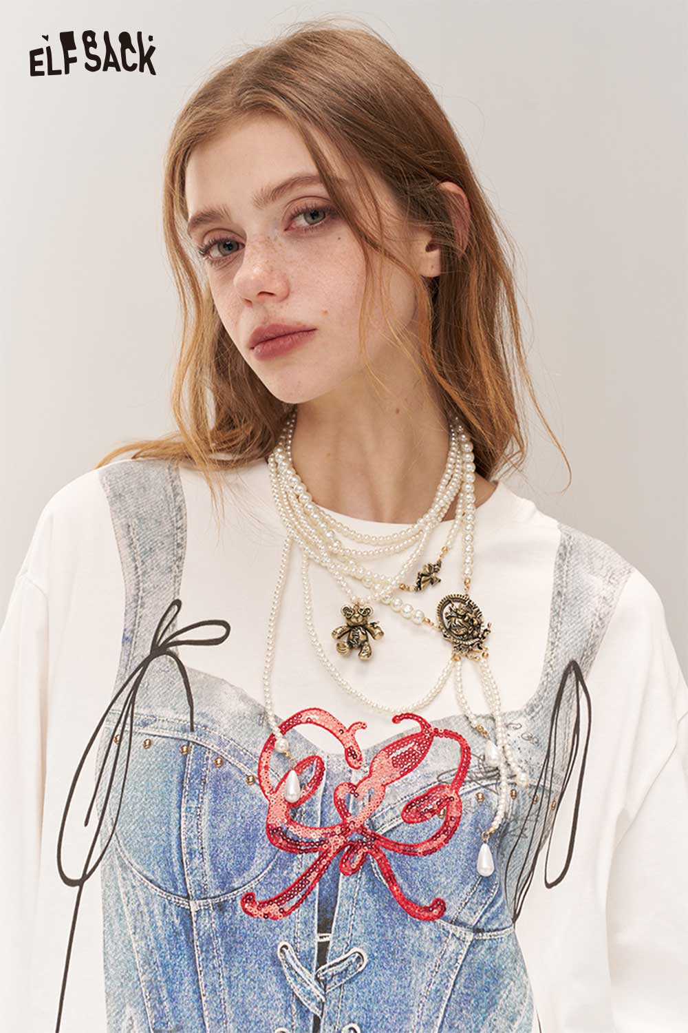 ELFSACK Vintage Gothic Asymmetric Brass Pendant Pearl Necklace Versatile Waist Chain