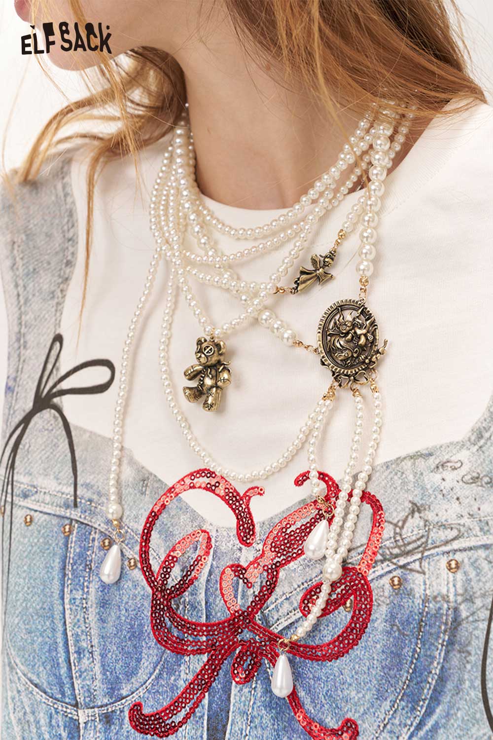 ELFSACK Vintage Gothic Asymmetric Brass Pendant Pearl Necklace Versatile Waist Chain