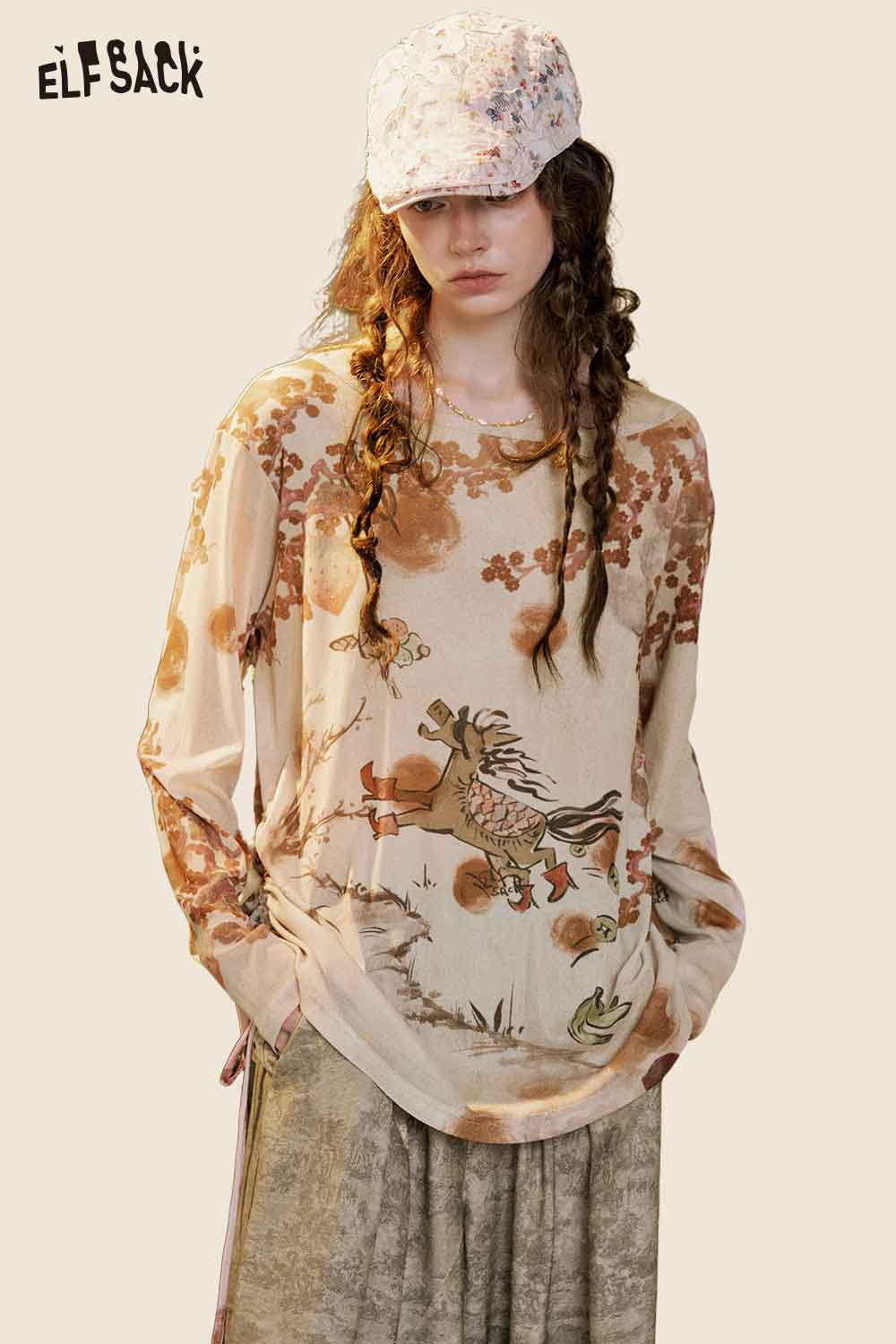 ELFSACK Vintage Graphic Asymmetrical Long Sleeve Tee