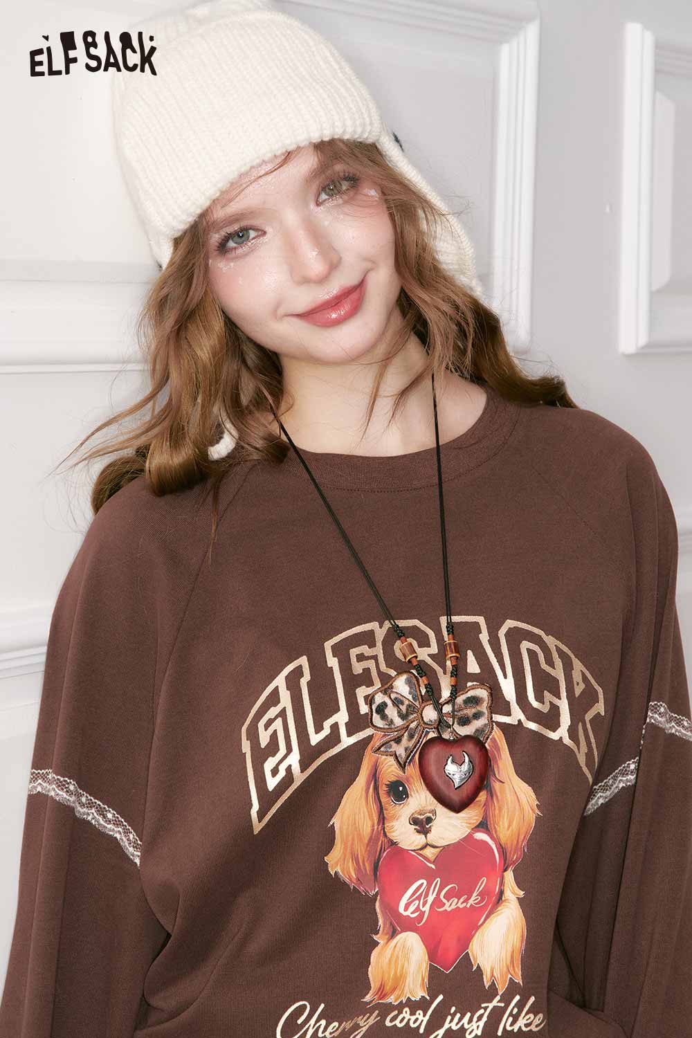 ELFSACK Vintage Redwood Heart Metal Inlay Handwoven Cord Sweater Chain Necklace