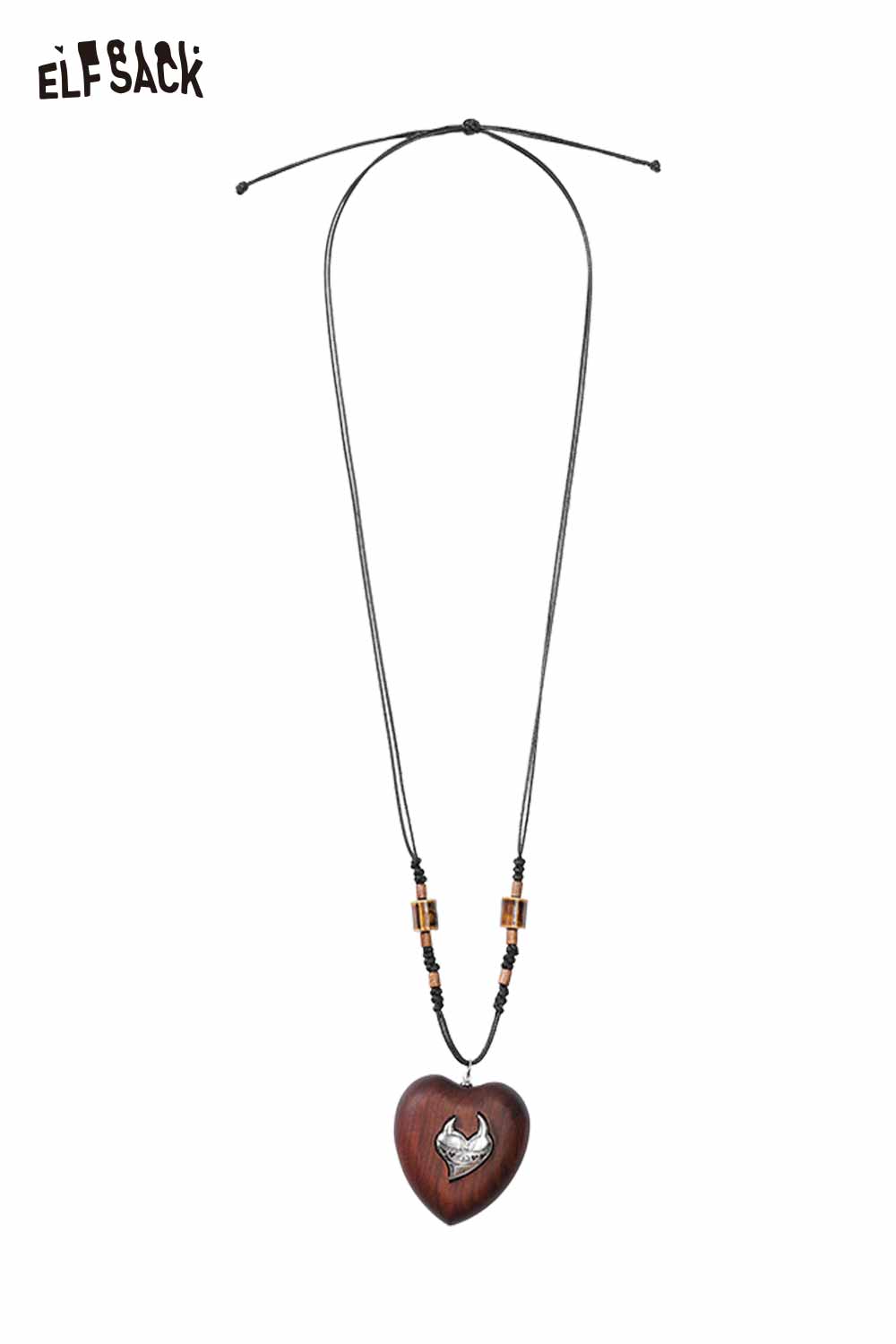 ELFSACK Vintage Redwood Heart Metal Inlay Handwoven Cord Sweater Chain Necklace