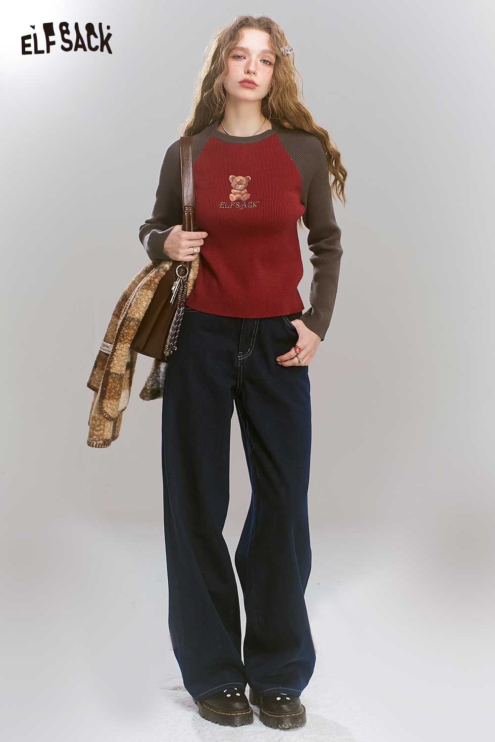 ELFSACK Vintage High Waist Loose Straight Leg Brushed Wide Leg Jeans