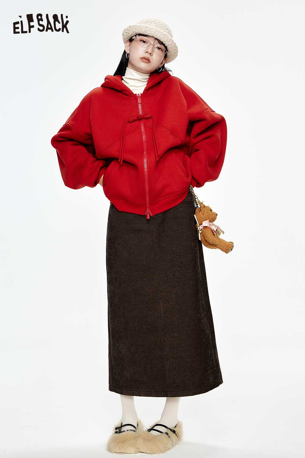 ELFSACK Vintage High Waist Patchwork Chenille Long Skirt