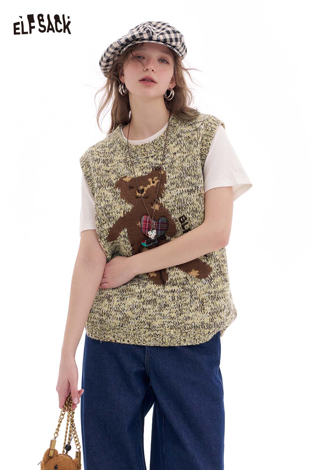 ELFSACK Vintage Jacquard Bear Embroidery Vest Early Spring Faux Cashmere