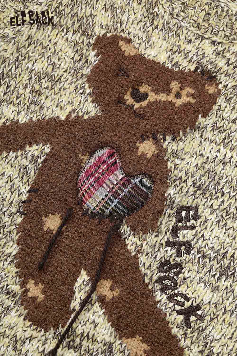 ELFSACK Vintage Jacquard Bear Embroidery Vest Early Spring Faux Cashmere