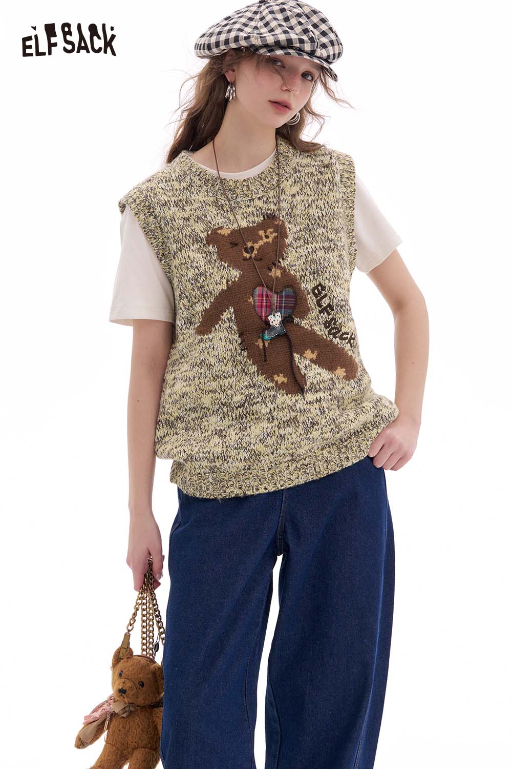 ELFSACK Vintage Jacquard Bear Embroidery Vest Early Spring Faux Cashmere