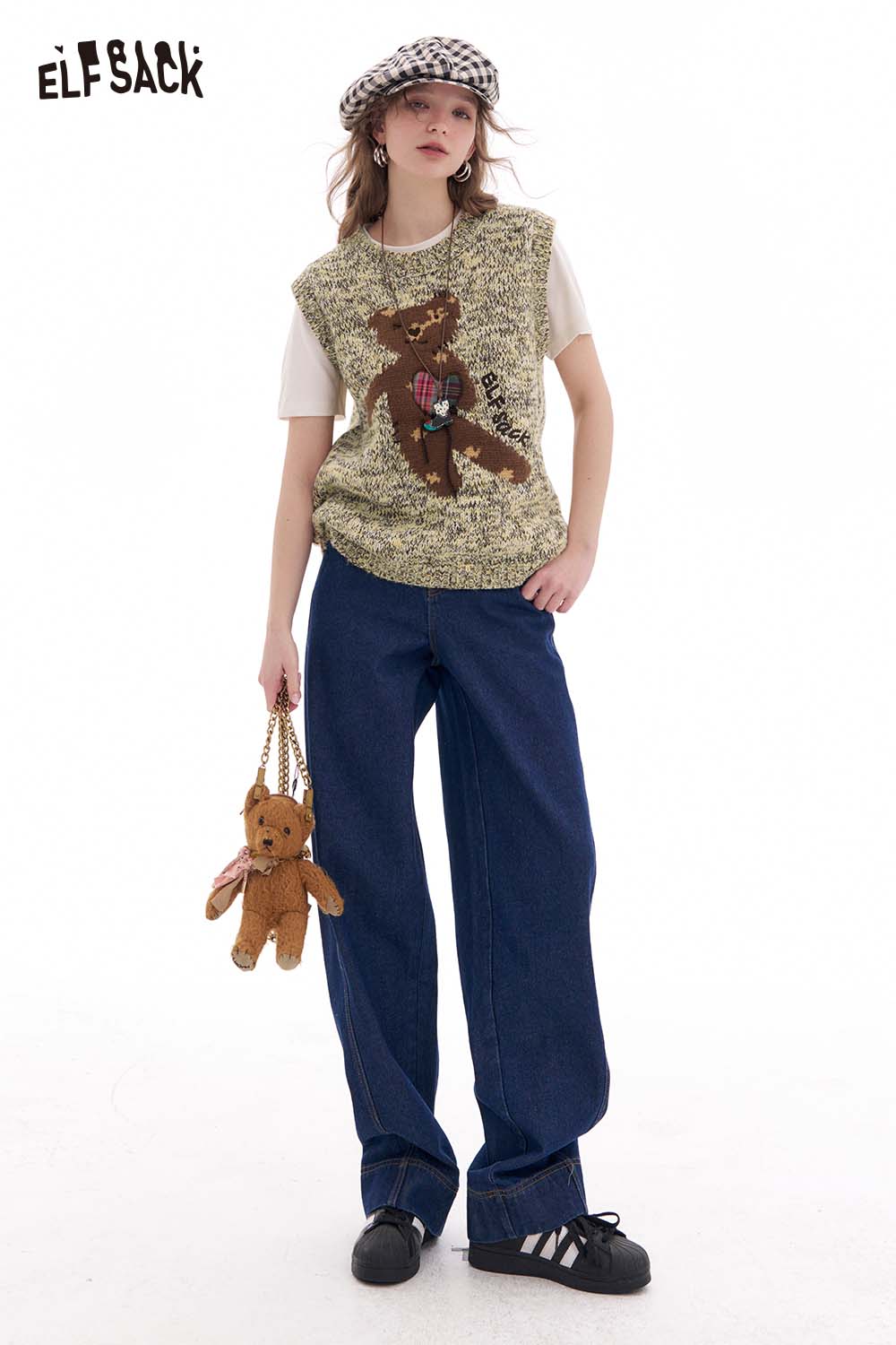 ELFSACK Vintage Jacquard Bear Embroidery Vest Early Spring Faux Cashmere