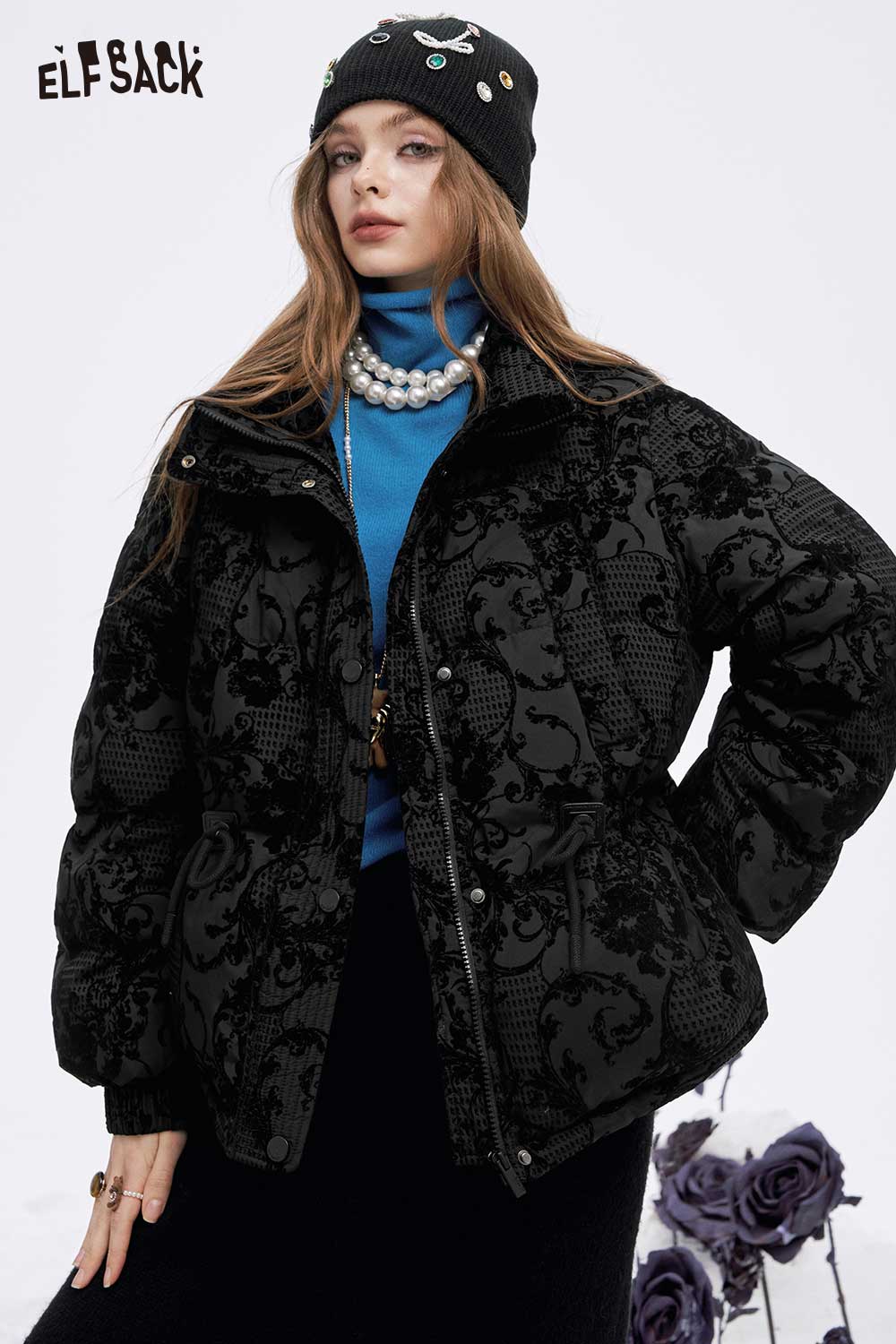 ELFSACK Soft Vintage Jacquard Waist Gathered Puffy Down Jacket