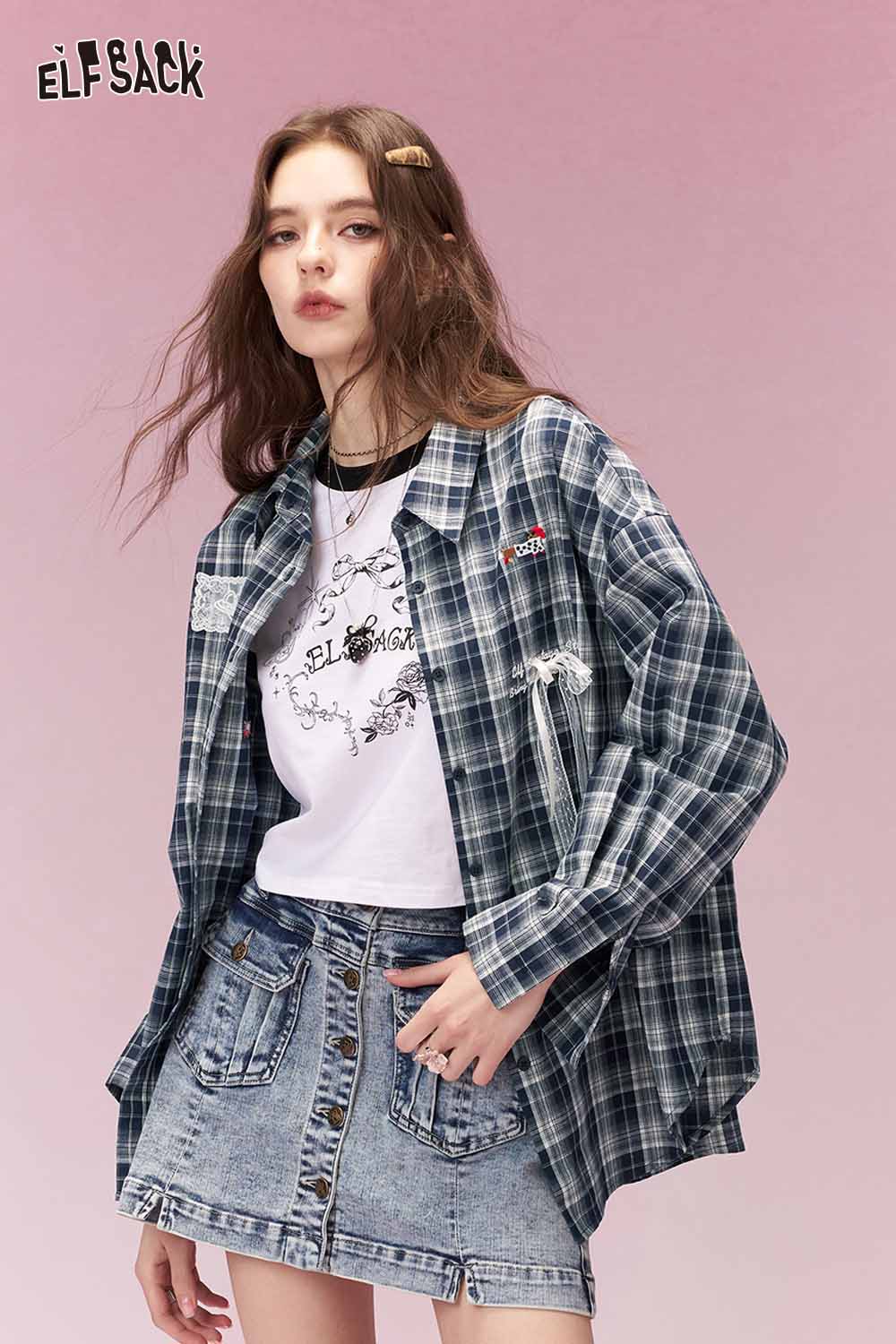 ELFSACK Vintage Girly Lace Insert Checkered Loose Fit Long Sleeve Shirt
