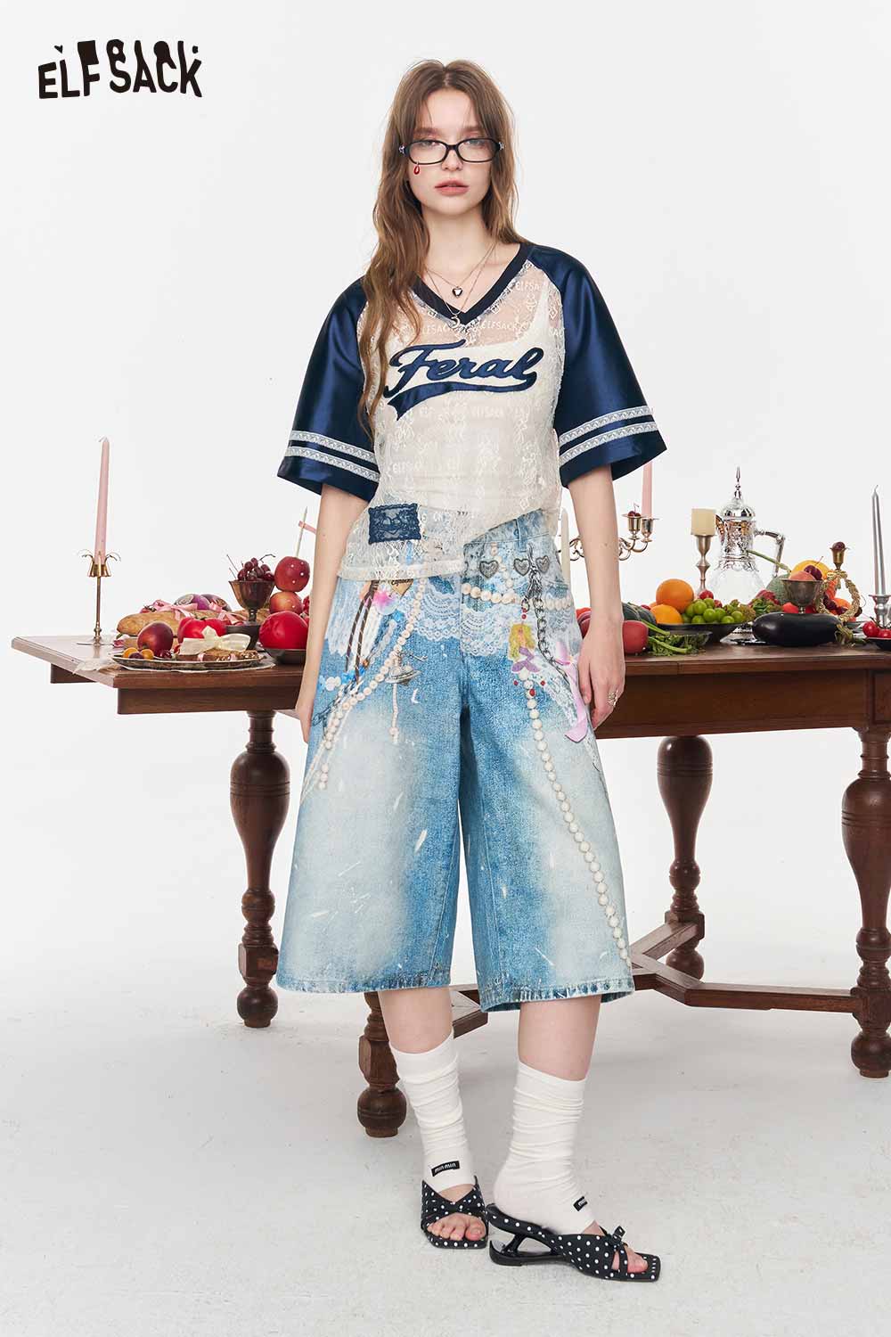 ELFSACK Vintage Letter Print Color Block Baseball T-shirt