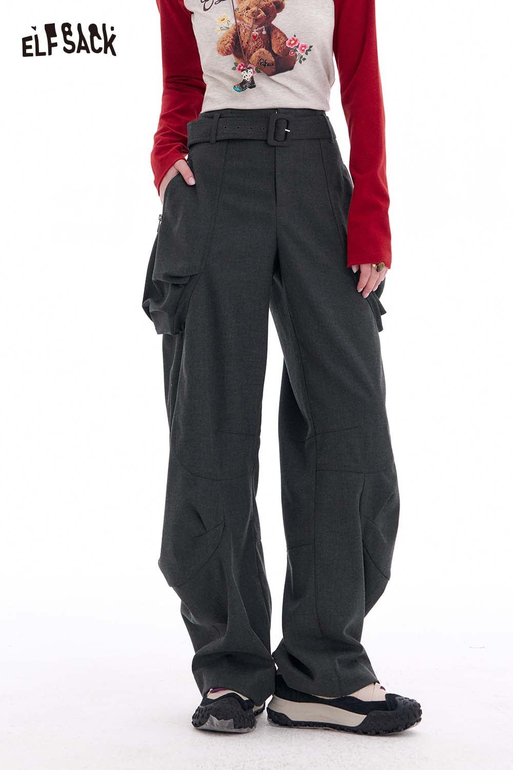 ELFSACK Vintage Loose Casual Pleated Wide Leg Cargo Pants Trousers