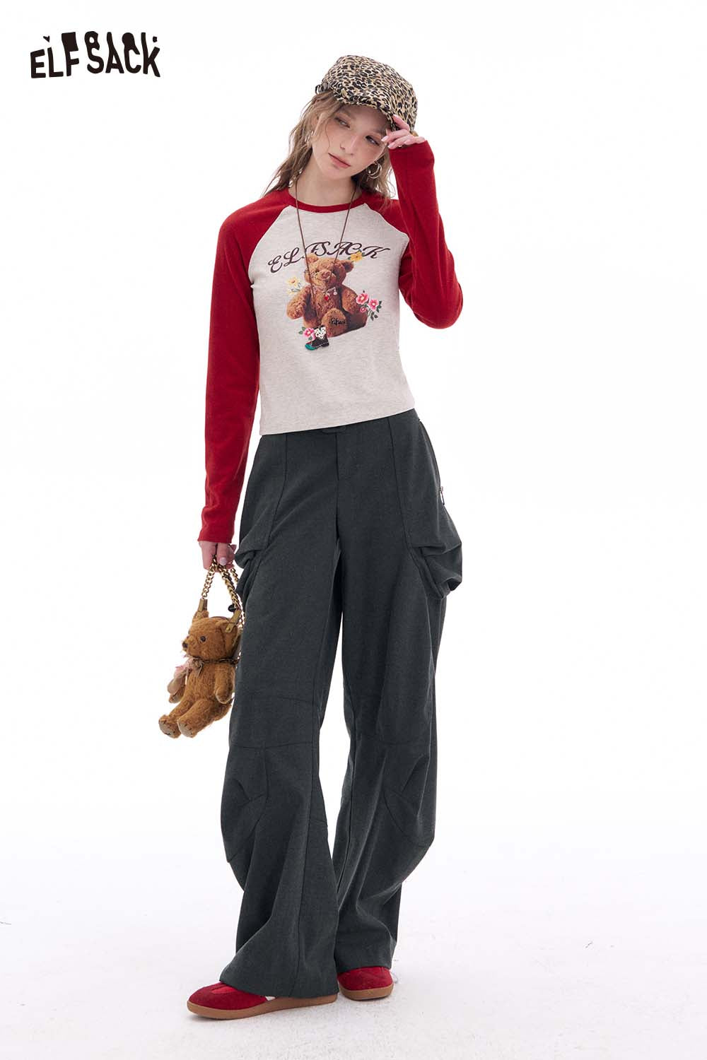 ELFSACK Vintage Loose Casual Pleated Wide Leg Cargo Pants Trousers