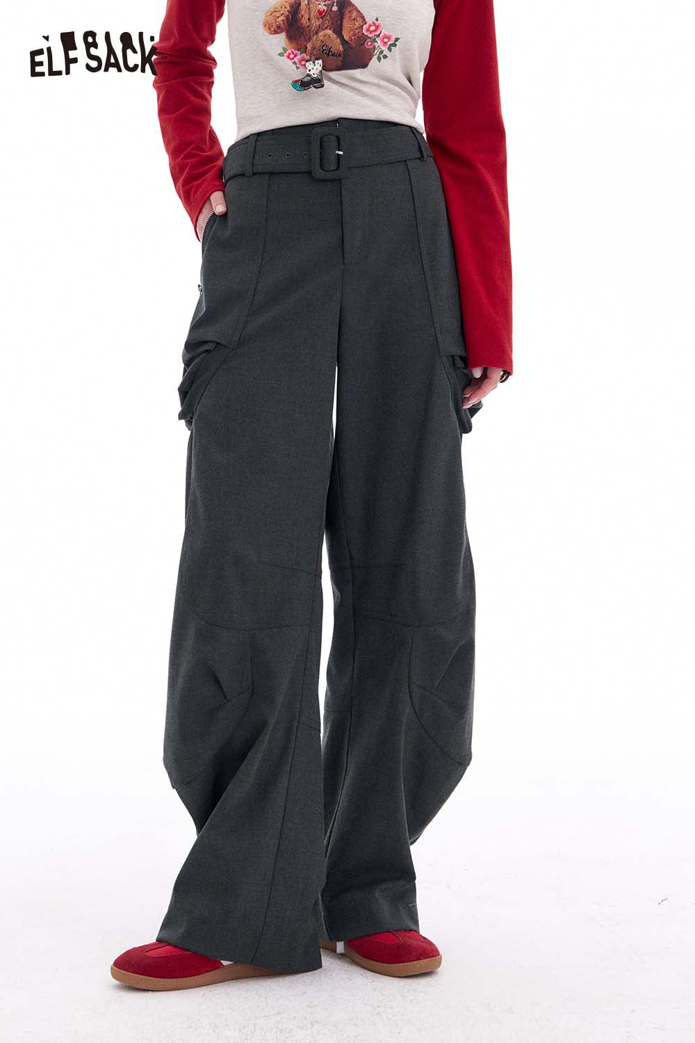 ELFSACK Vintage Loose Casual Pleated Wide Leg Cargo Pants Trousers