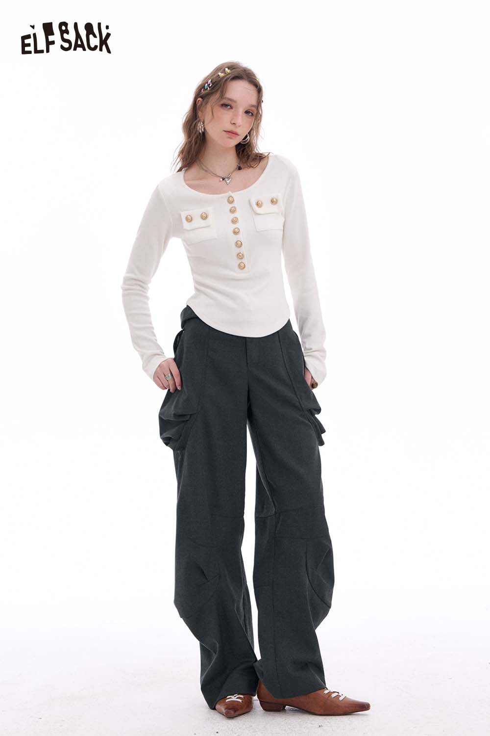 ELFSACK Vintage Loose Casual Pleated Wide Leg Cargo Pants Trousers