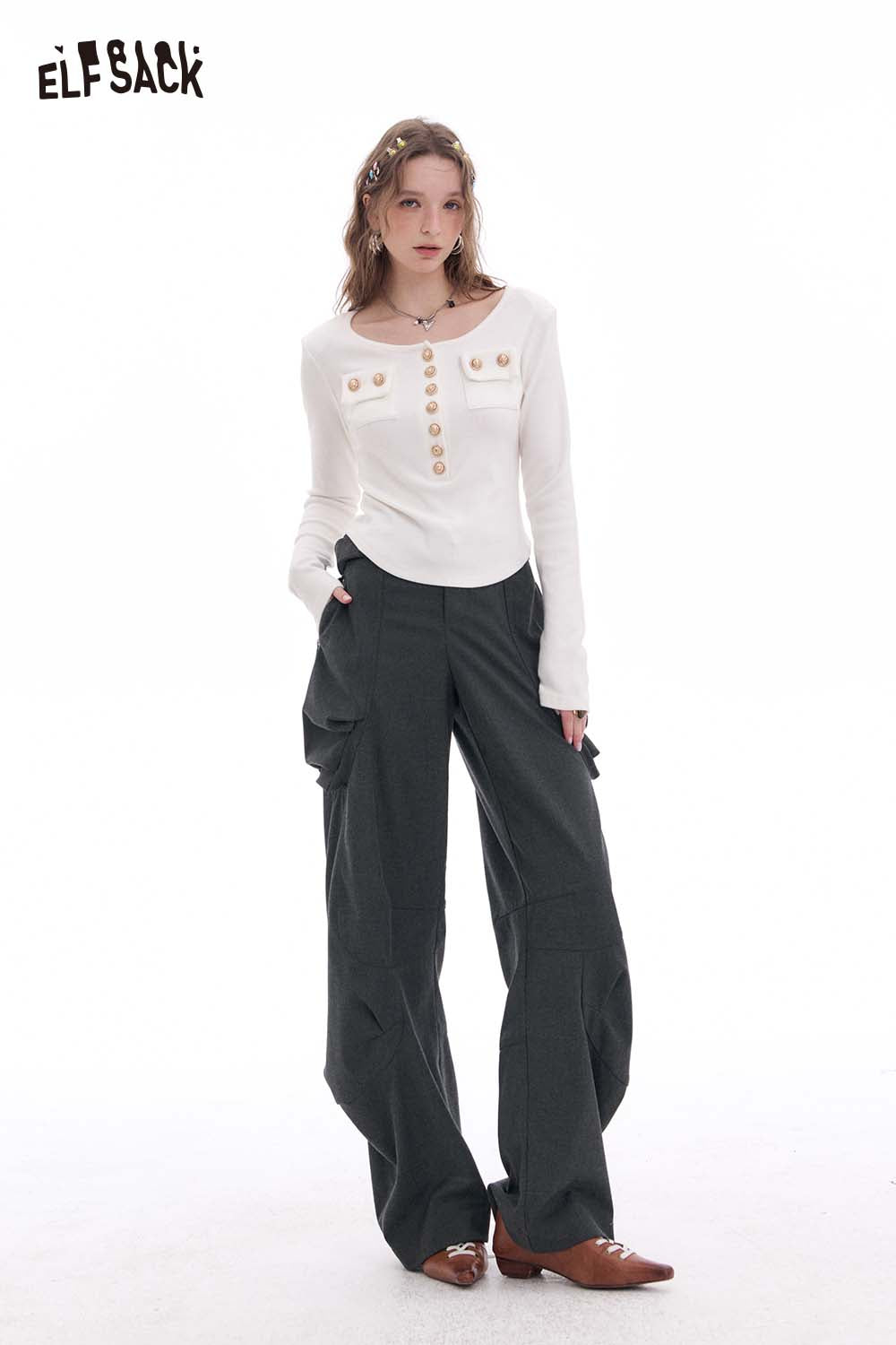 ELFSACK Vintage Loose Casual Pleated Wide Leg Cargo Pants Trousers