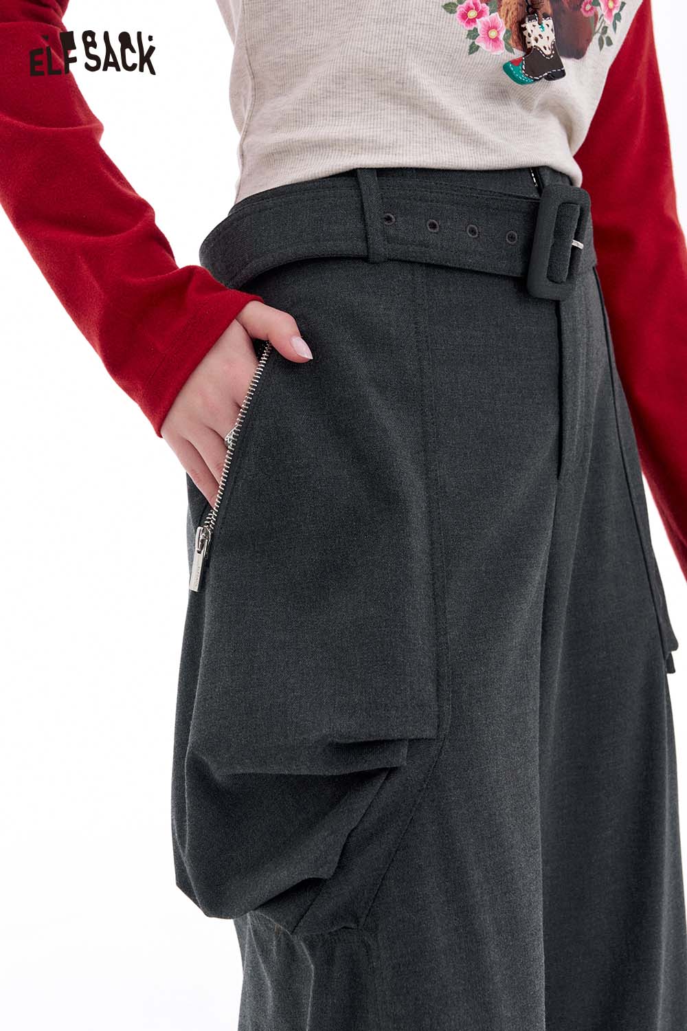 ELFSACK Vintage Loose Casual Pleated Wide Leg Cargo Pants Trousers