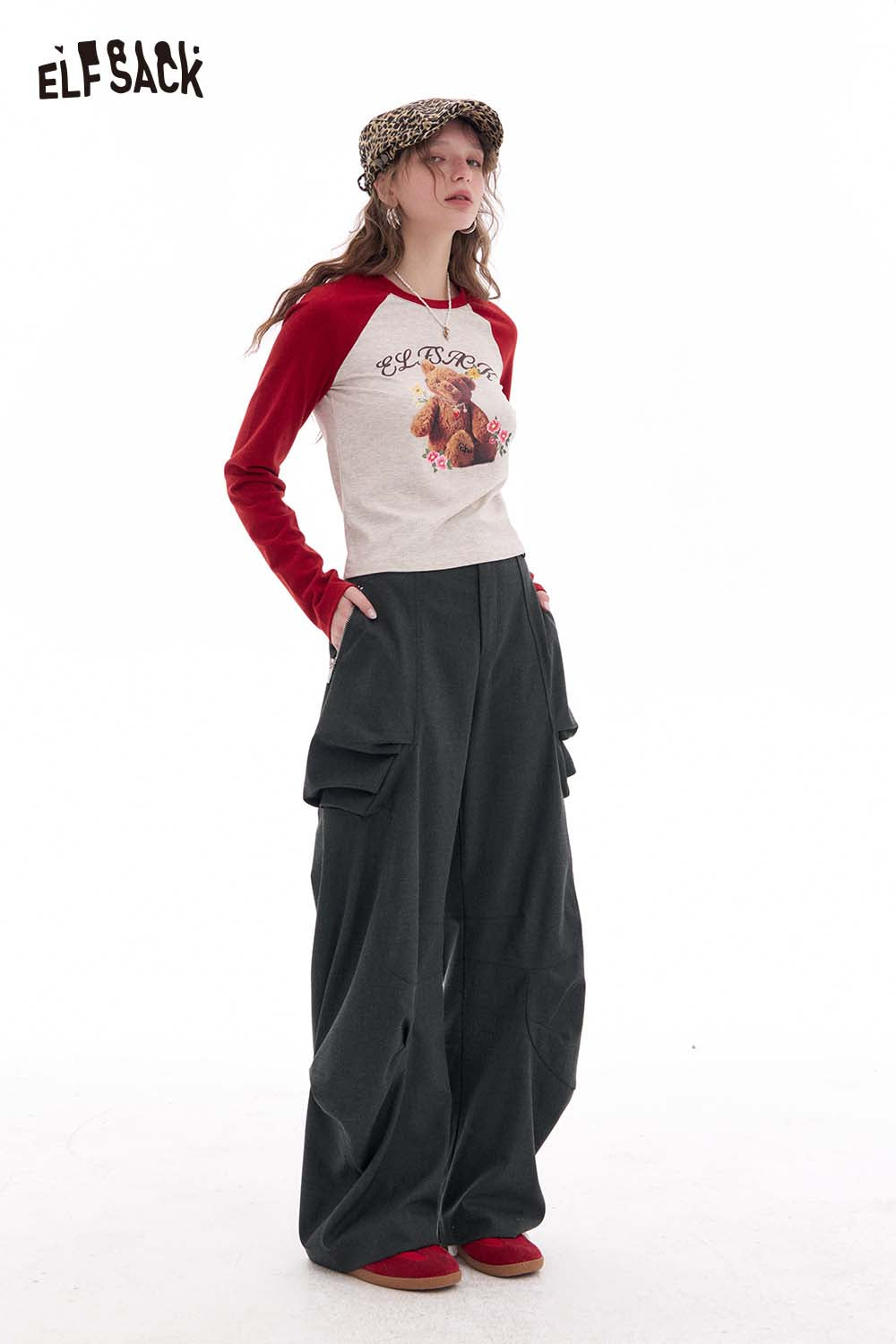 ELFSACK Vintage Loose Casual Pleated Wide Leg Cargo Pants Trousers