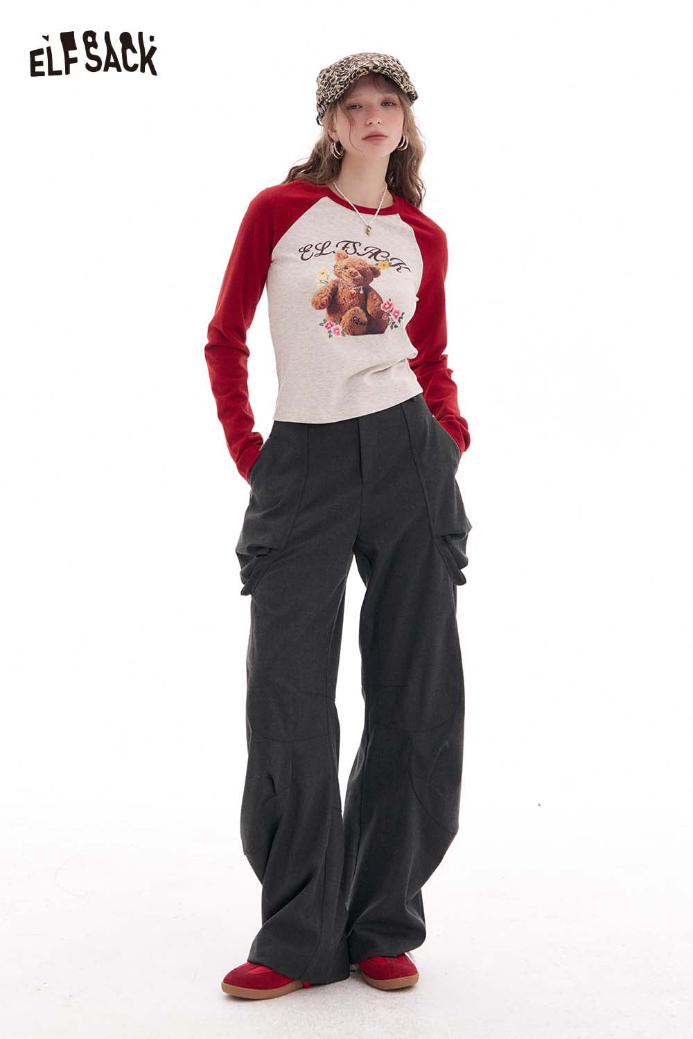 ELFSACK Vintage Loose Casual Pleated Wide Leg Cargo Pants Trousers