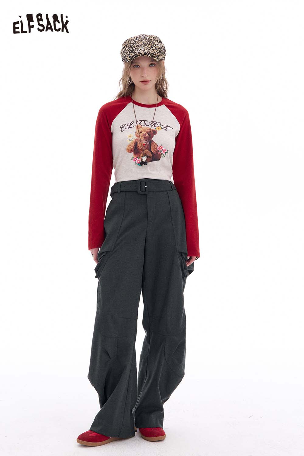 ELFSACK Vintage Loose Casual Pleated Wide Leg Cargo Pants Trousers