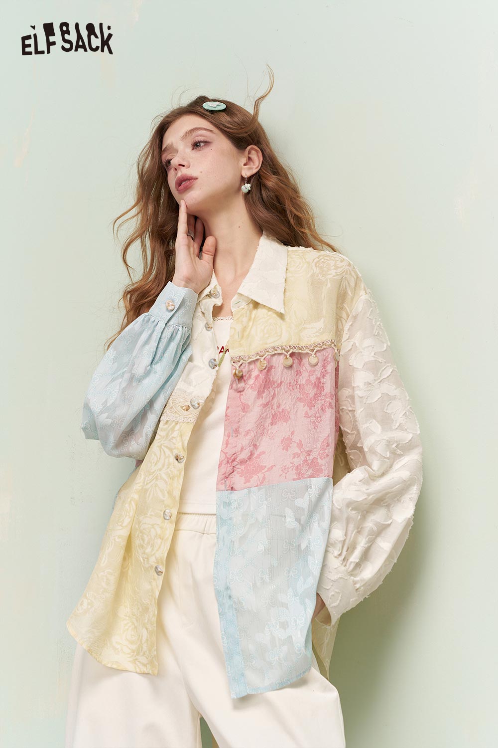 ELFSACK Vintage Mixed Media Colorful Jacquard Lace Trim Long Sleeve Shirt