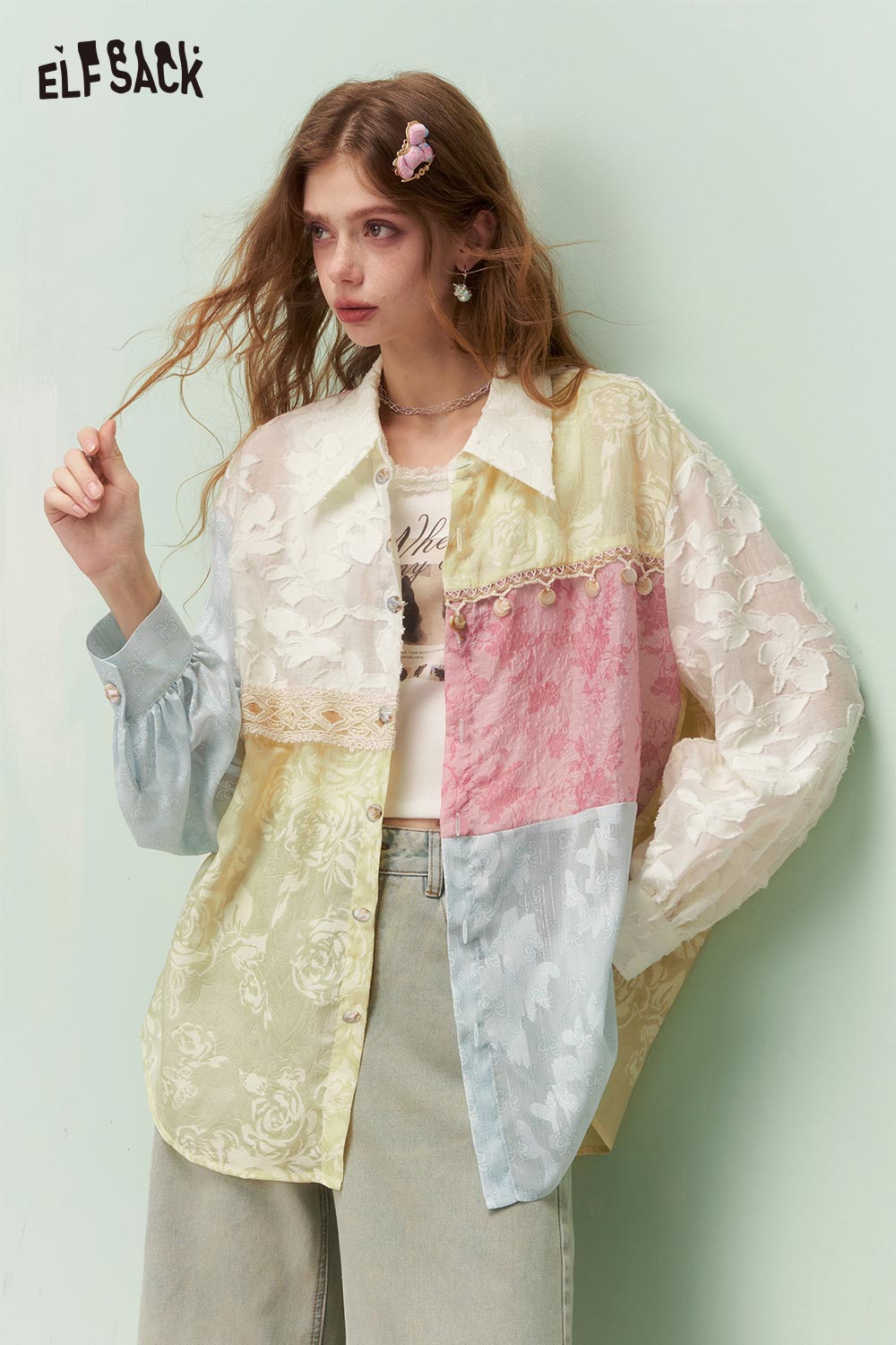 ELFSACK Vintage Mixed Media Colorful Jacquard Lace Trim Long Sleeve Shirt