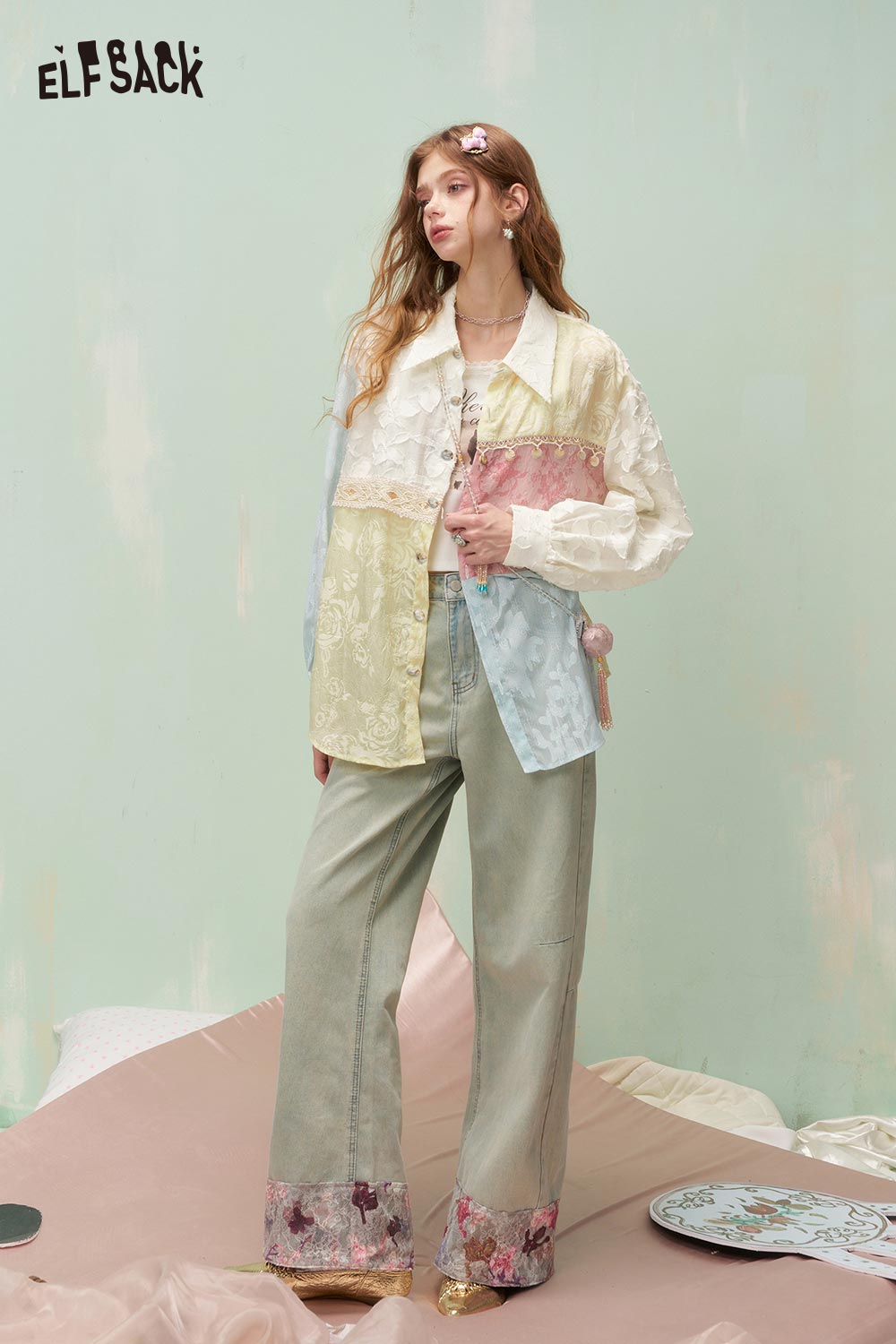 ELFSACK Vintage Mixed Media Colorful Jacquard Lace Trim Long Sleeve Shirt
