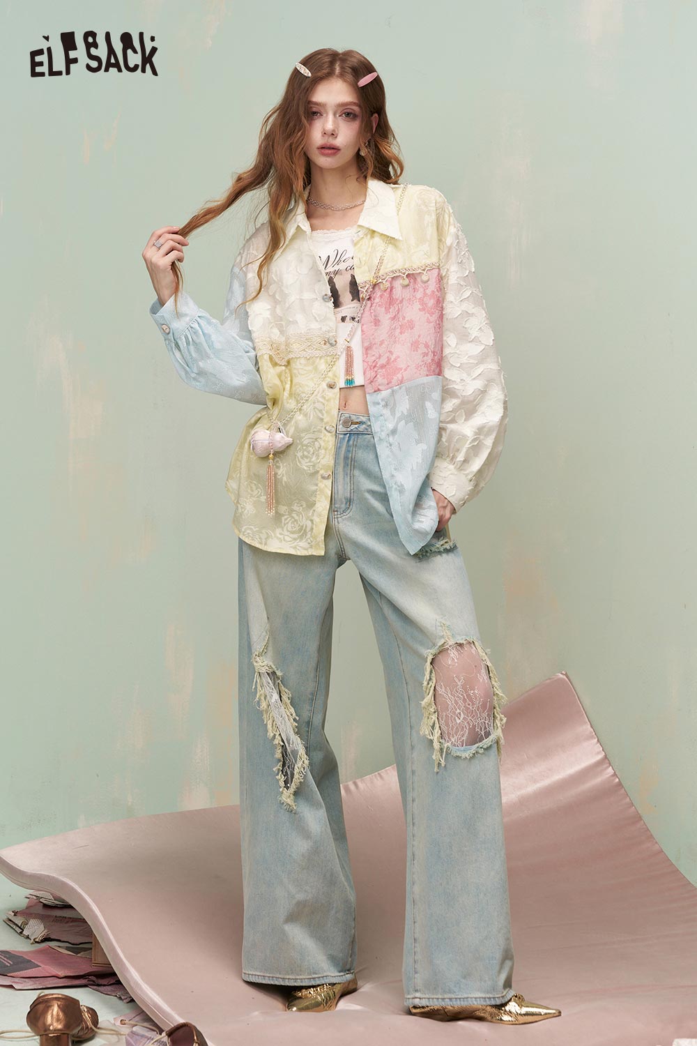 ELFSACK Vintage Mixed Media Colorful Jacquard Lace Trim Long Sleeve Shirt