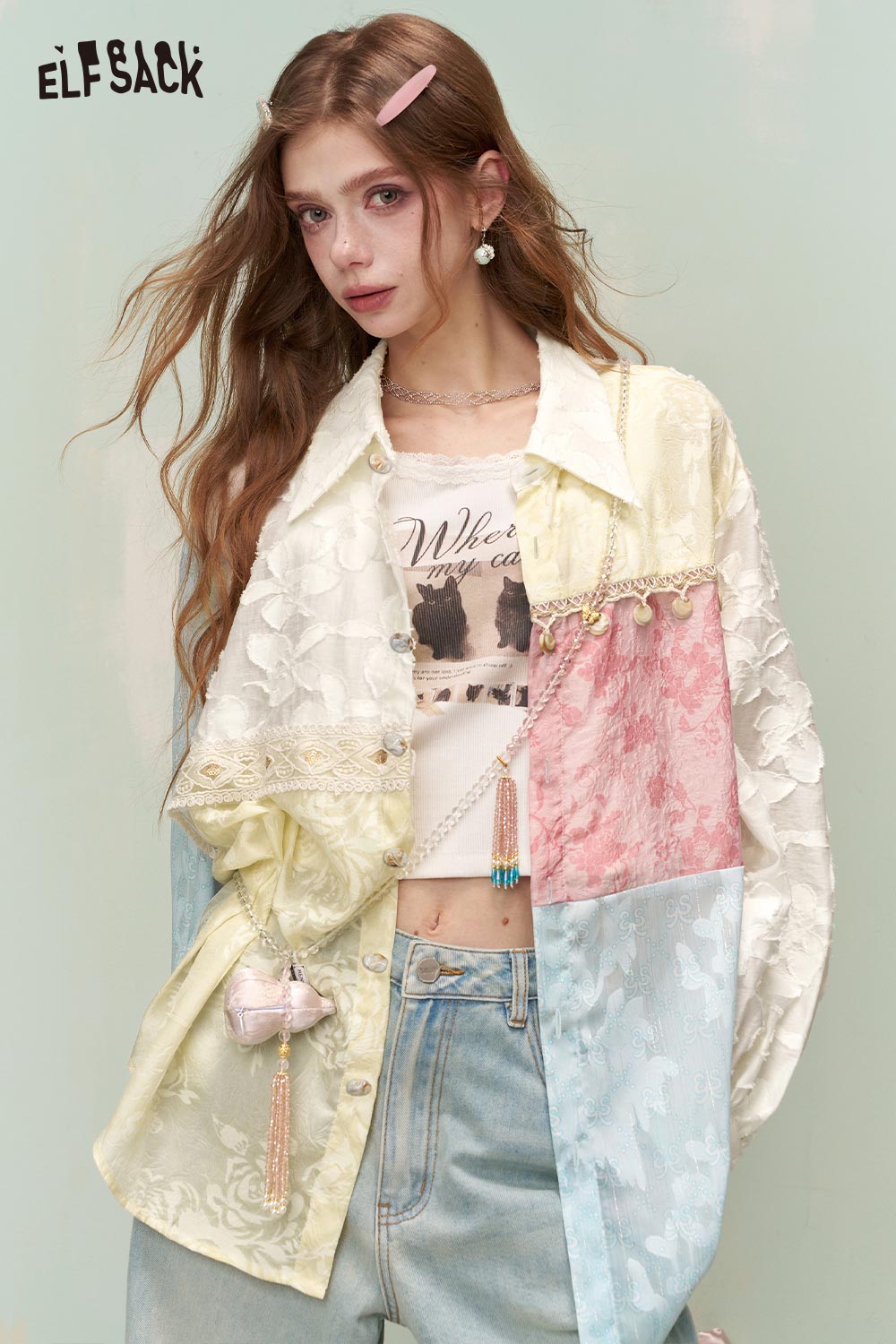 ELFSACK Vintage Mixed Media Colorful Jacquard Lace Trim Long Sleeve Shirt