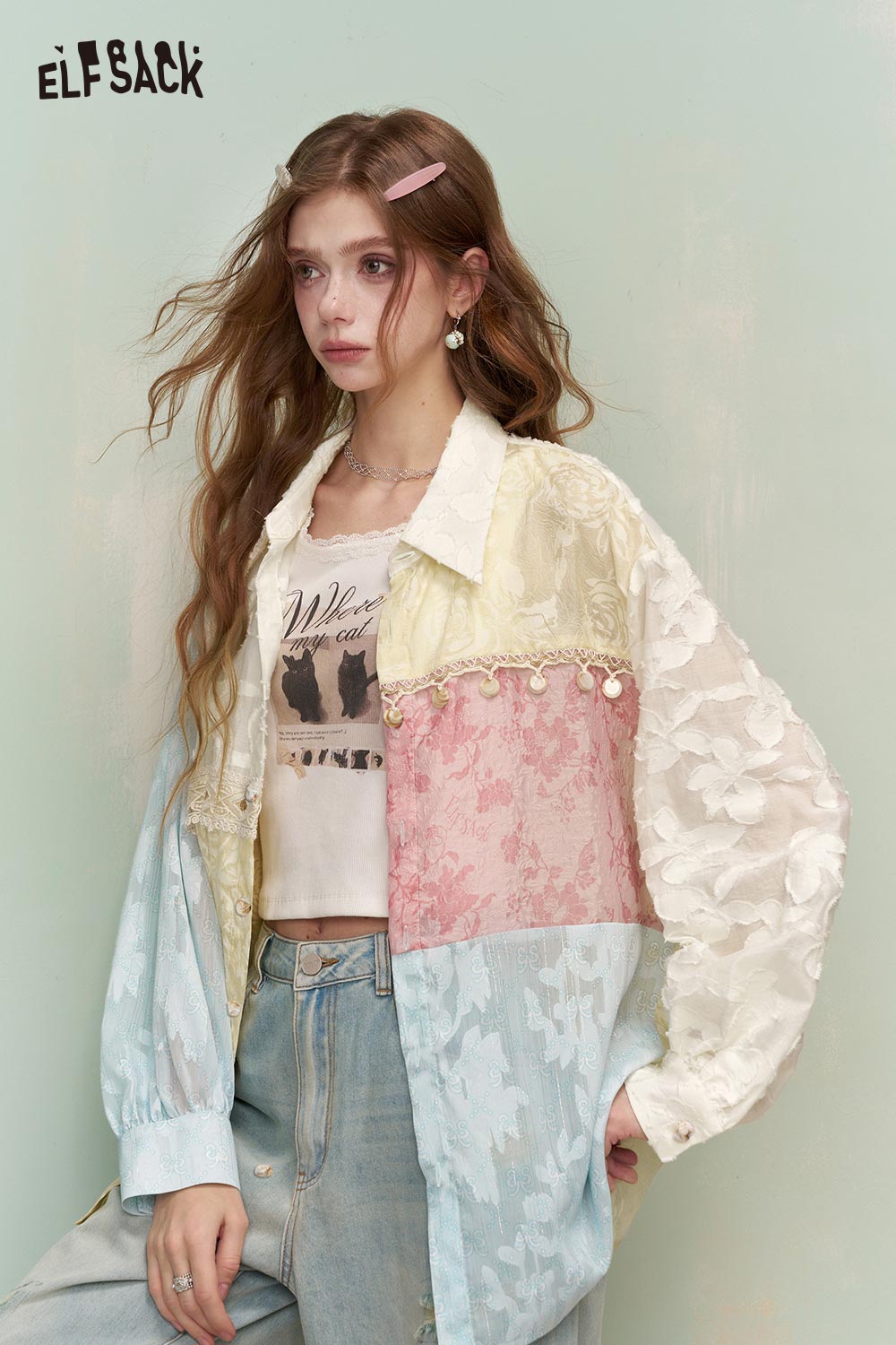 ELFSACK Vintage Mixed Media Colorful Jacquard Lace Trim Long Sleeve Shirt