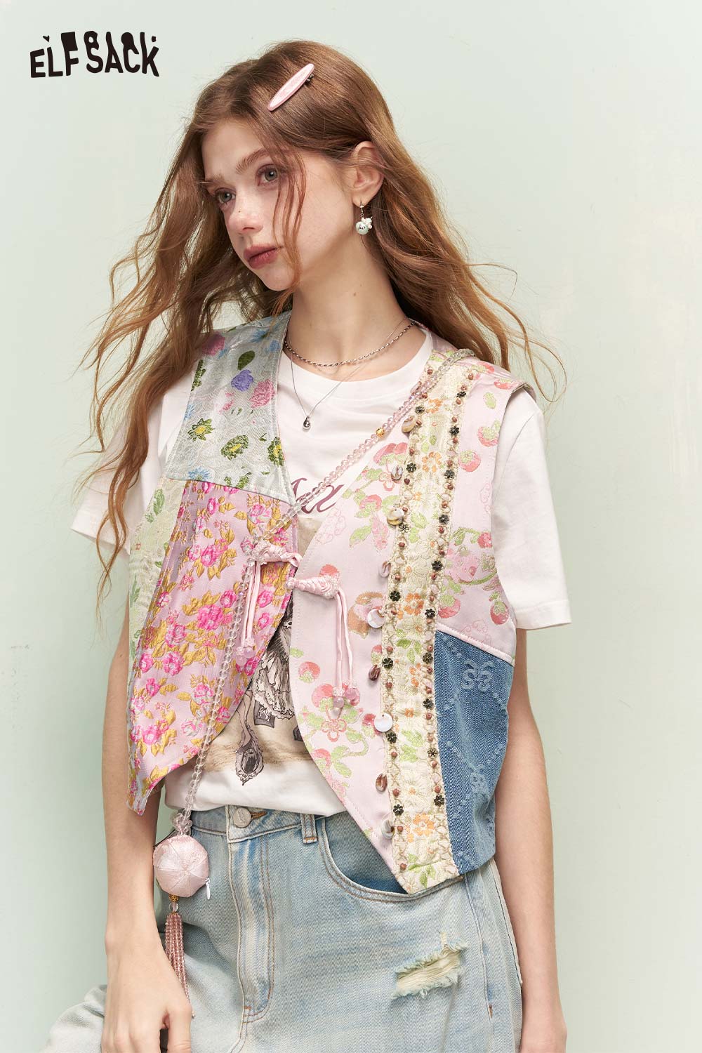 ELFSACK Oriental Floral Jacquard Patchwork Embroidered Vest