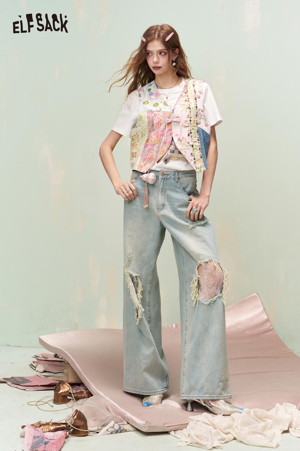 ELFSACK Oriental Floral Jacquard Patchwork Embroidered Vest